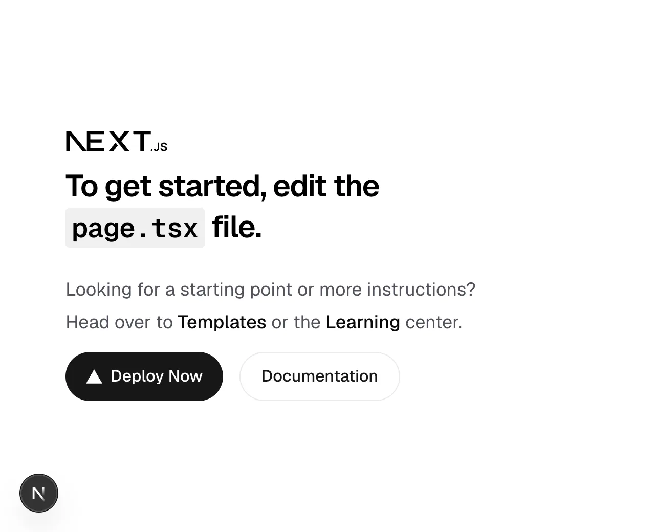 The Next.js starter page: To get started, edit the page.tsx file.