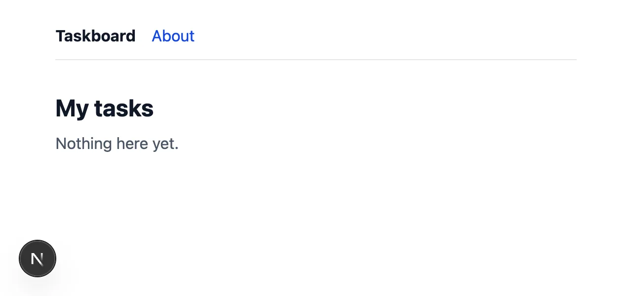 The taskboard home page: a navigation bar with Taskboard and About, and the heading My tasks.