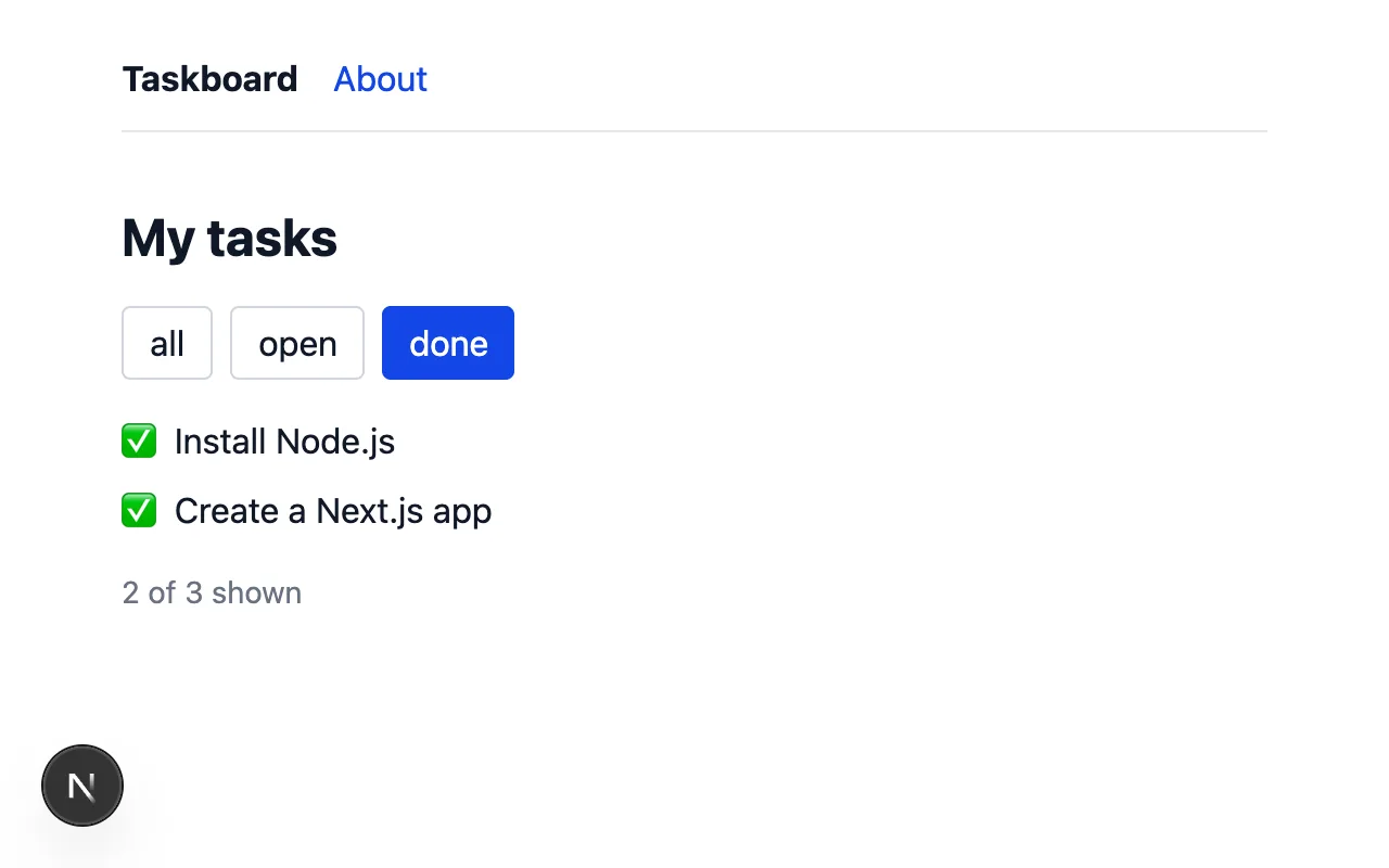 The task list with filter buttons all, open and done; done is selected and two tasks are shown.