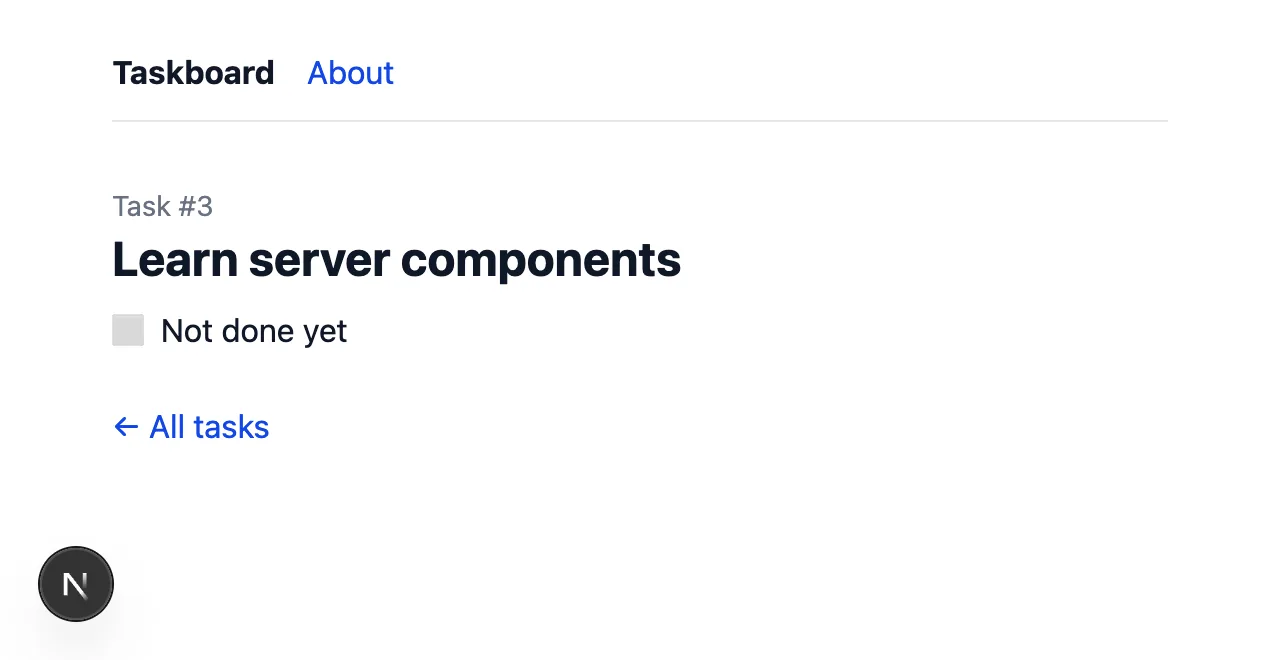 Task #3: Learn server components, not done yet, with a link back to all tasks.