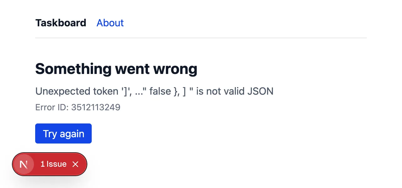 Something went wrong, with the JSON error message and a Try again button.