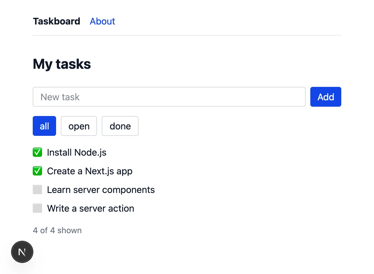 My tasks with a New task input and an Add button; a fourth task, Write a server action, is in the list.