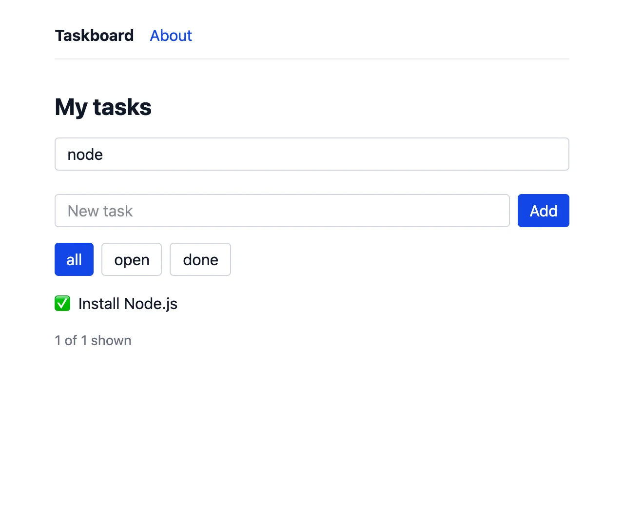 The home page with node in the search box; only Install Node.js is listed, 1 of 1 shown.